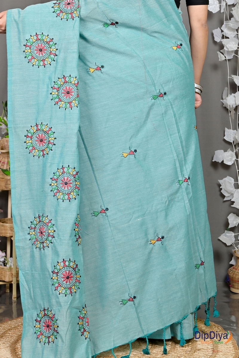 Sky Blue Pure Cotton Parama Embroidery Handloom saree (287)